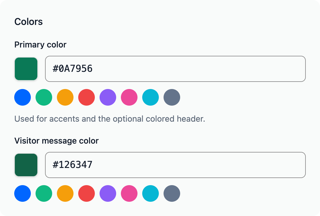 ChatMob appearance settings with emerald primary color #0A7956 and visitor message color #126347.