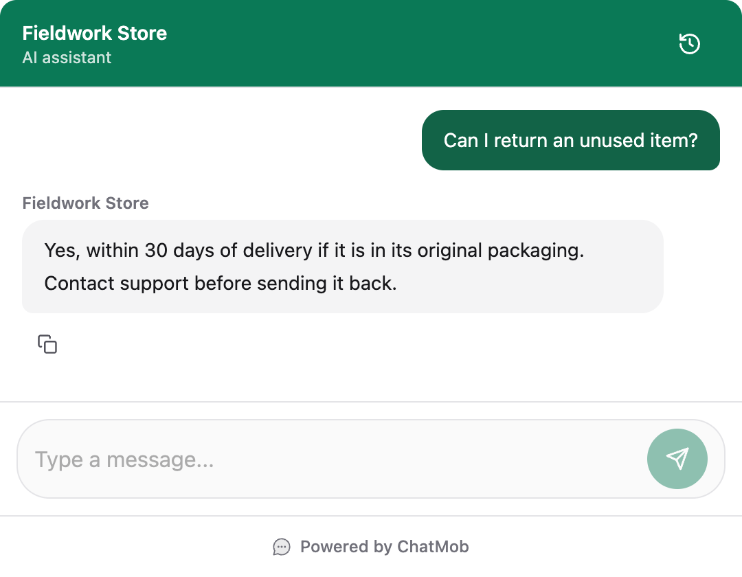 Example conversation: A shopper asks about returning an unused item. The example policy allows returns within 30 days of delivery in the original packaging, with support contacted first.