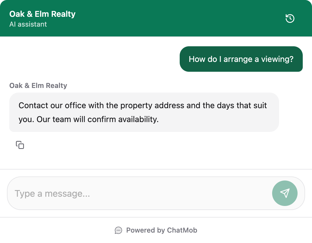 Example conversation: A visitor asks how to arrange a property viewing. The answer asks for the property address and preferred days so the office can confirm availability.