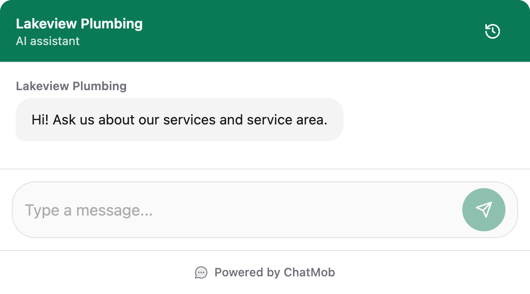 Example Lakeview Plumbing chat preview with an emerald header and greeting: Hi! Ask us about our services and service area.
